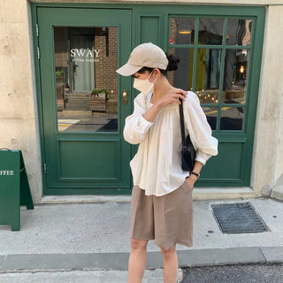Thin Cotton Blouse Square Neck Puff Sleeve Shirred Blouse