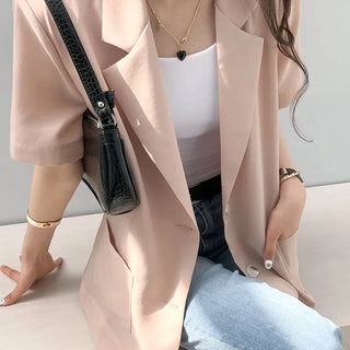 Doune Women's Summer Loose Fit Basic Short Sleeve Shoulder Padded Jacket Daily Look