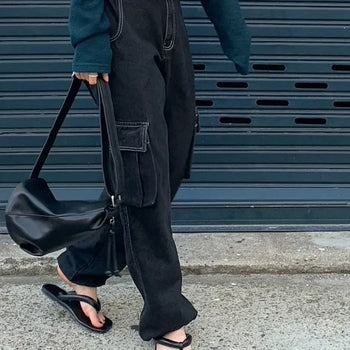 String Cargo Denim Long Wide Jogger Pants