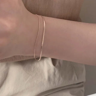 Rounded Snake Chain Layered Double Bracelet (Silver, Rose Gold)