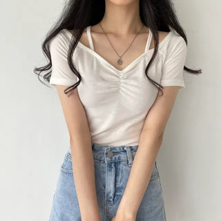 Off-shoulder Shirred Strap V-neck Short Sleeve T-shirt