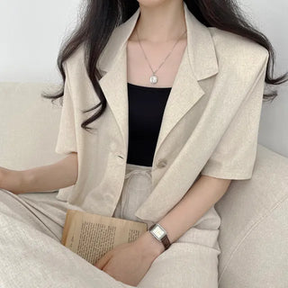 That Summer Vibe, Linen Collar Two-Button Short Sleeve Short Jacket