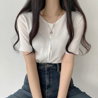 Cute Bean Button Round Short Sleeve Knit Cardigan