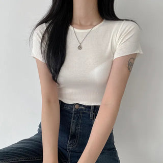 Stretchy Slim Fit Wavy Ribbed Crop Short Sleeve T-shirt