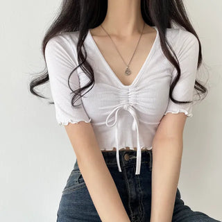 Stretchy Slim V-Neck Flamboyant Shirred Ribbed Crop Short Sleeve T-Shirt