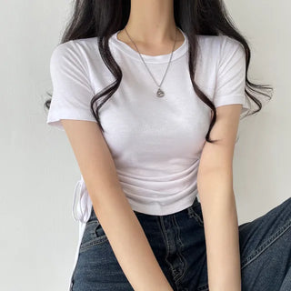 Side Shirred Slim Round Short Sleeve Crop T-shirt