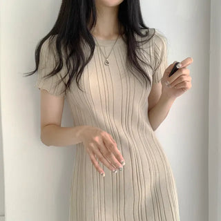 Let's Go on a Date, Ribbed Wavy Round Short Sleeve Mini Dress