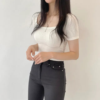 Stretchy Square Neck Ribbed Crop Short Sleeve T-shirt