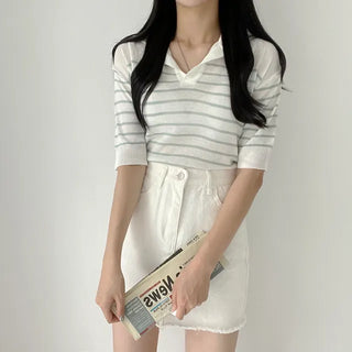 Basic Open Collar Striped Summer Short Sleeve Knit