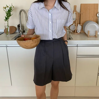 High-waisted Back Elastic Waist Knee-length Pintuck Wide Shorts Slacks Bermuda Pants