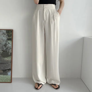Cinched Waist! Leg-Lengthening, High-Waisted Two-Button Pintuck Wide Long Slacks