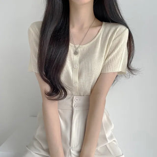 Delicate Round Ribbed Short Sleeve Knit Cardigan with Pretty Colors