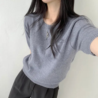 Zero Bulking Fat! Soft as Cotton Candy, Cashmere Fluffy Basic Round Short Sleeve Knit