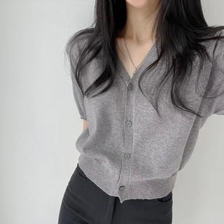 Body Shape Cover - Truly Delicate Look, Linen V-Neck Short Sleeve Knit Cardigan