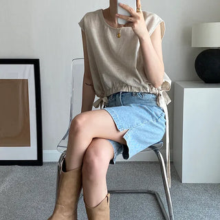 Side Long Tail Blouse   Summer Sleeveless Ribbon Top