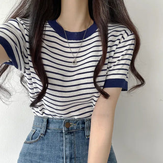 Color Block Striped Short Sleeve Knit