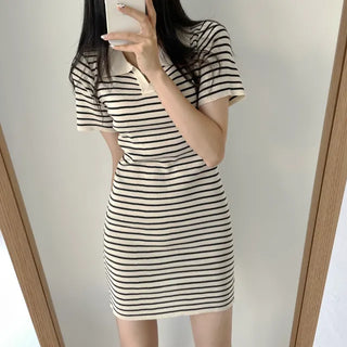 Color-blocked Striped Open Collar Short Sleeve Slim Fit Mini Dress Your Boyfriend Will Love Even More