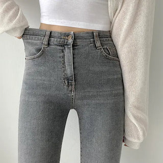 Guaranteed in person! Beautiful grayish mid-high waist slim straight denim pants
