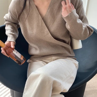 Autumn Delicate Fit Loose Fit V-Neck Knit Ribbed Knit Wrap Knit