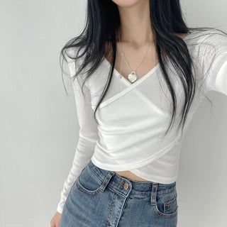 Effortless Slim Fit V-Neck Wrap Long Sleeve Crop T-shirt