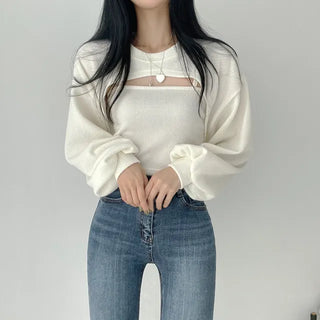 Avant-garde Fit Bolero Ribbed Crop Sweatshirt + Sleeveless Two-Piece Set