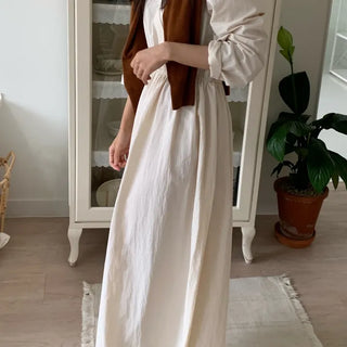 Waist Shirred V-Neck Long Sleeve Dress Autumn Dress Crispy Nylon Dress