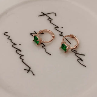 Rose Gold Mini Square Green Cubic One-Touch Earrings