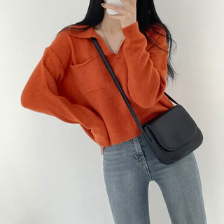 A Drop of Paint, Loose Fit Open Collar Pocket Long Sleeve Knit