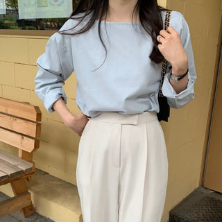 Square neck blouse, autumn long sleeve blouse, plain simple shirt blouse, 5col