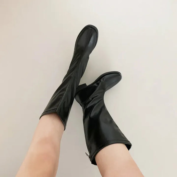◈Up to 260 Recommended for Curvy Figures Big Size Long Boots Zipper Stretch Square Toe Leather Half Mid-Mid Look Wedding Guest Boots