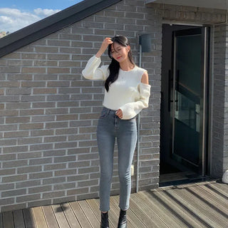 Bailey Diagonal Button Off-Shoulder Ribbed Knit