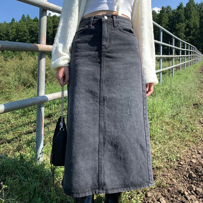 black denim long skirt