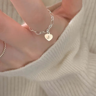 Initial Engraved Heart Pendant Dangling Chain Ring (Ring Gift, Friendship Ring)
