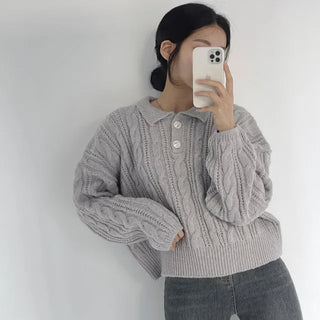 Super Cute!! Heartthrob, Loose Fit Cable Knit Collar Long Sleeve Knit