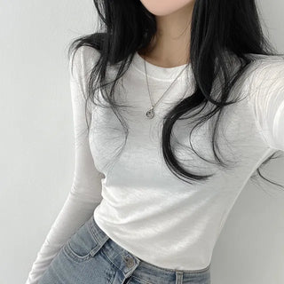 A must-have basic item, Fleece-lined Plain Round Long Sleeve T-shirt