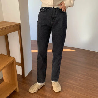 Fleece-lined slim straight jeans, black denim pants, gray jeans