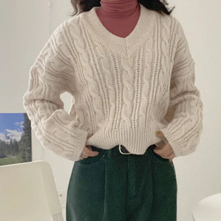 Vanilla cable knit V-neck sweater