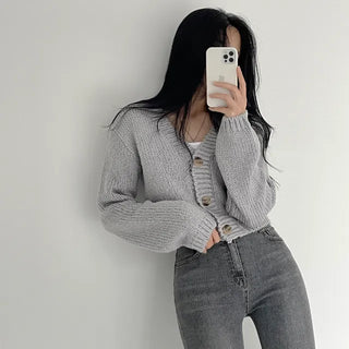 Cute, Thick V-Neck Crop Knit Cardigan