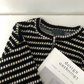 Mode Striped Round Neck Knit Zip-Up