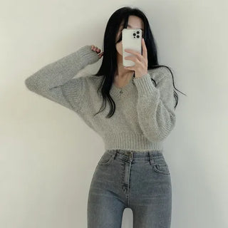 Cinched Waist, Delicate Mood~ Angora V-Neck Crop Long Sleeve Knit