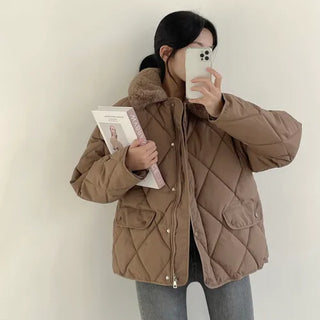 Full of Cuteness, Loose-fit Collared Fur Quilted Padded Jumper