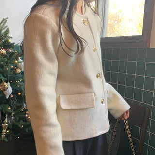 Gold Button Jacket Round Alpaca Wool Tweed Jacket