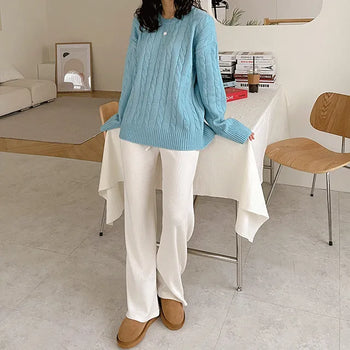 Queens Ribbed Elastic Waist Wide Long Knit Pants