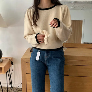 Romantic Contrast Puff Knit Crop Knit Year-End Look