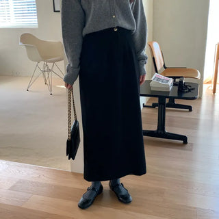 Classic Gold Button Wool Skirt H-Line Winter Long Skirt