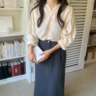 Gold Button Year-End Blouse Puff Shirred Blouse