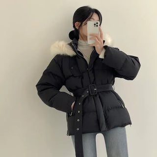 Cinched Waist~ High-Neck Fur Hooded Belted Padded Jumper