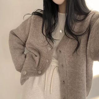 Padded-Level Warmth, Oversized V-Neck Shearling Wool Knit Cardigan