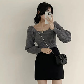 Delicate~ Pretty Fit, Square Neck Puff Ribbed Long Sleeve Knit