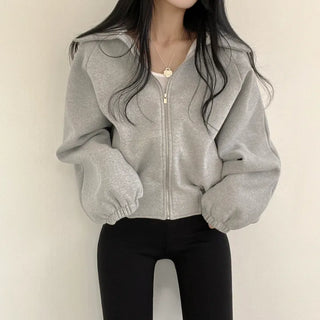 Cinched Waist, Oversized Fit Elastic Collar Brushed Zip-Up